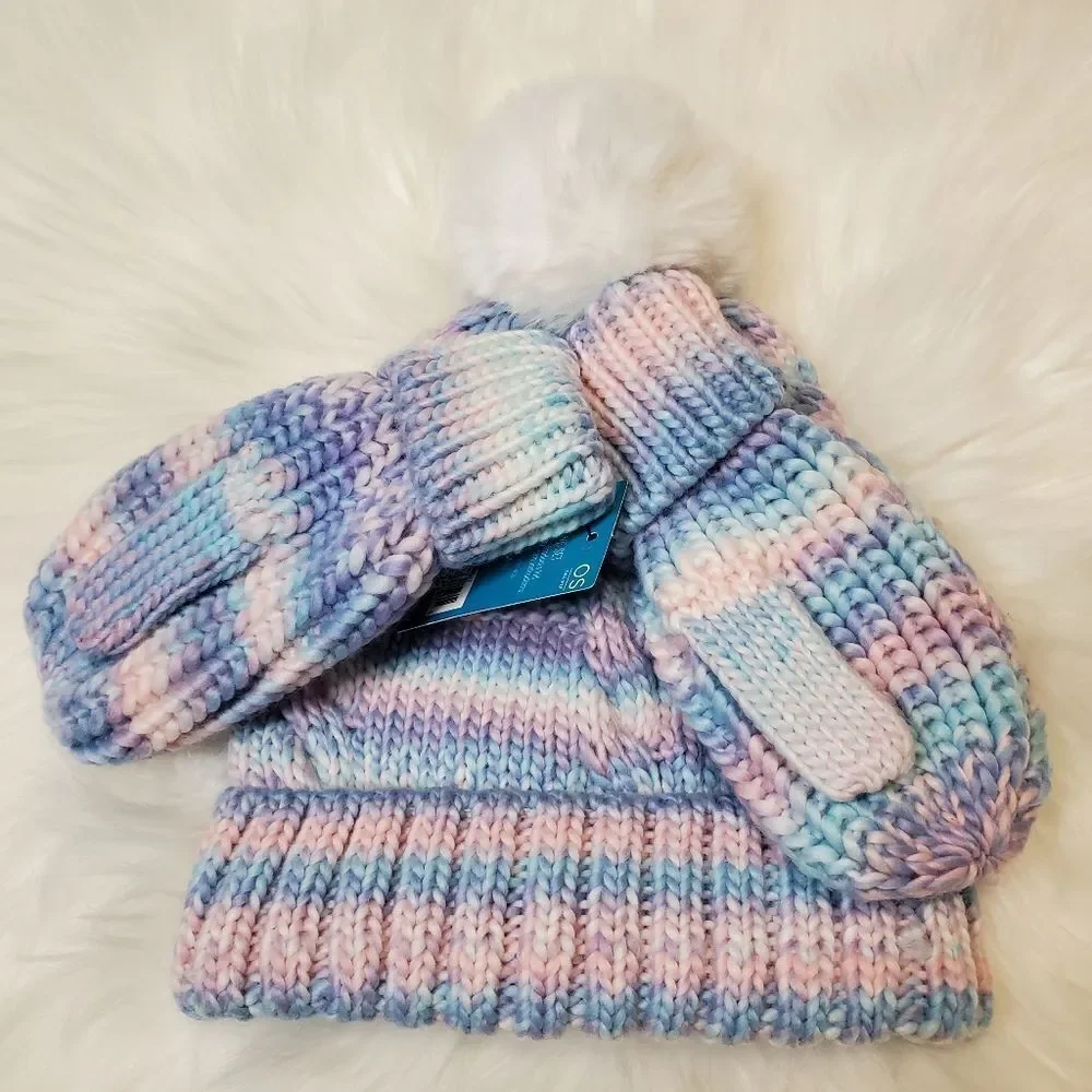 Colorful Pastel Knit Hat and Gloves Set Little Kids One Size Fits All